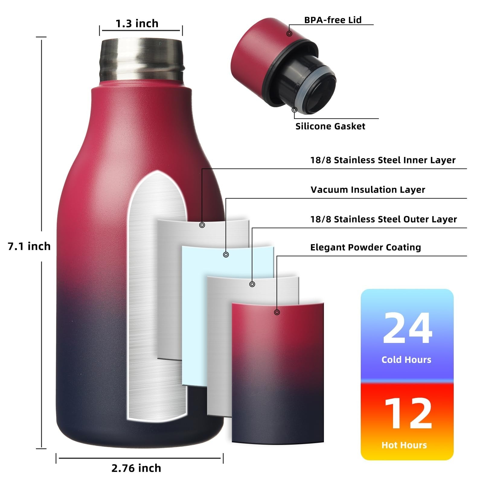 BJPKPK 12oz Stainless Steel Water Bottle w/ Strap, Leak Proof, Black Red