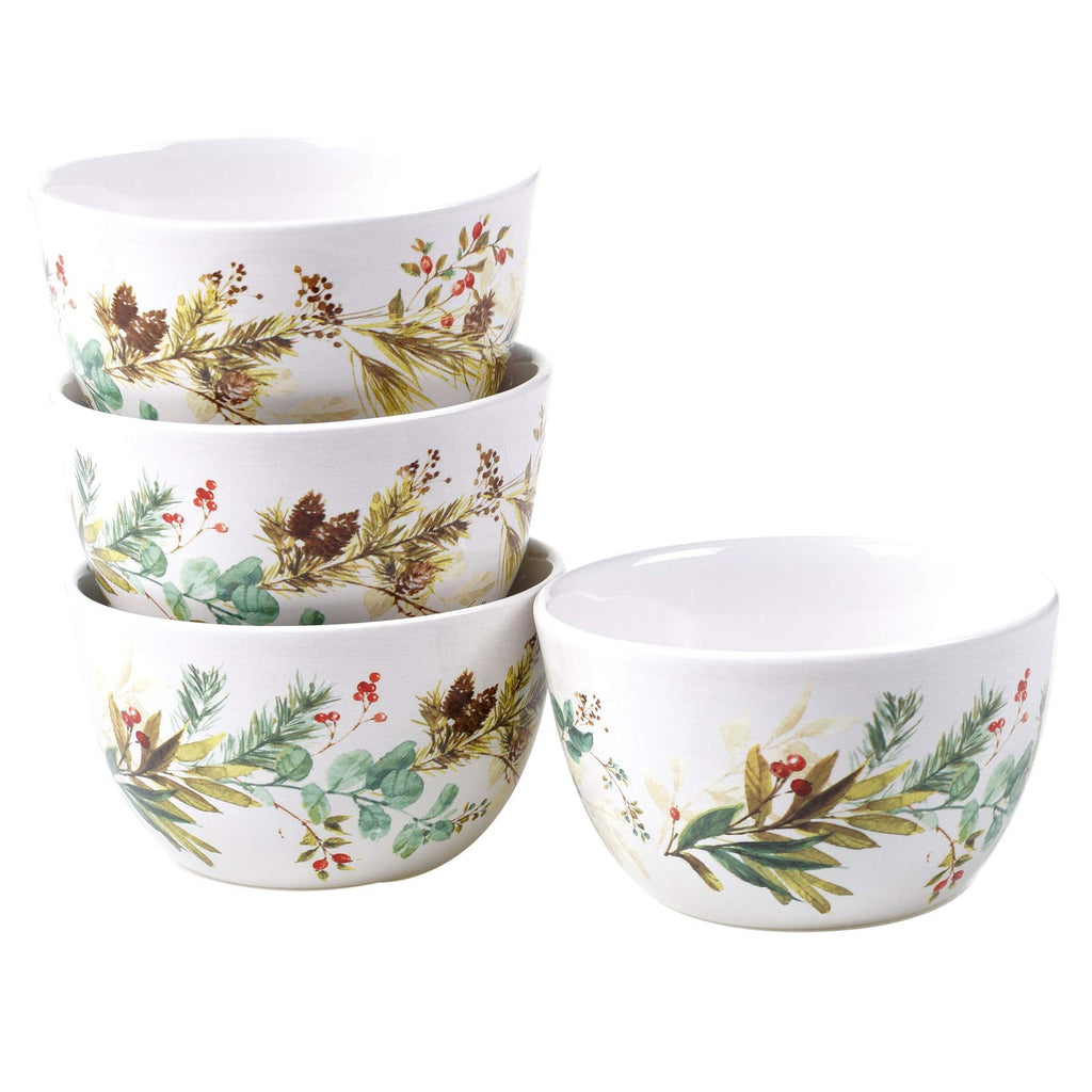 Pinecone & Berry Ceramic Bowls - Set of 4, 22 oz Christmas Serving Bowls