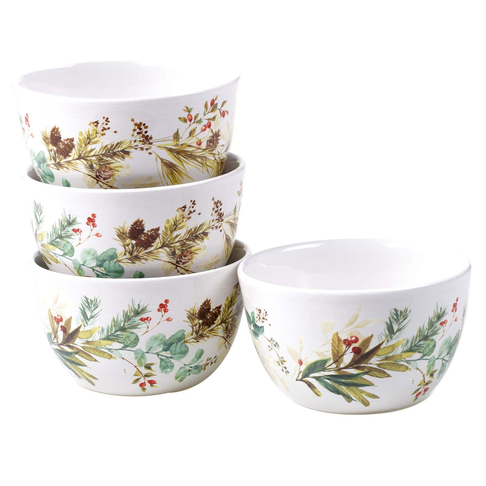 Pinecone & Berry Ceramic Bowls - Set of 4, 22 oz Christmas Serving Bowls