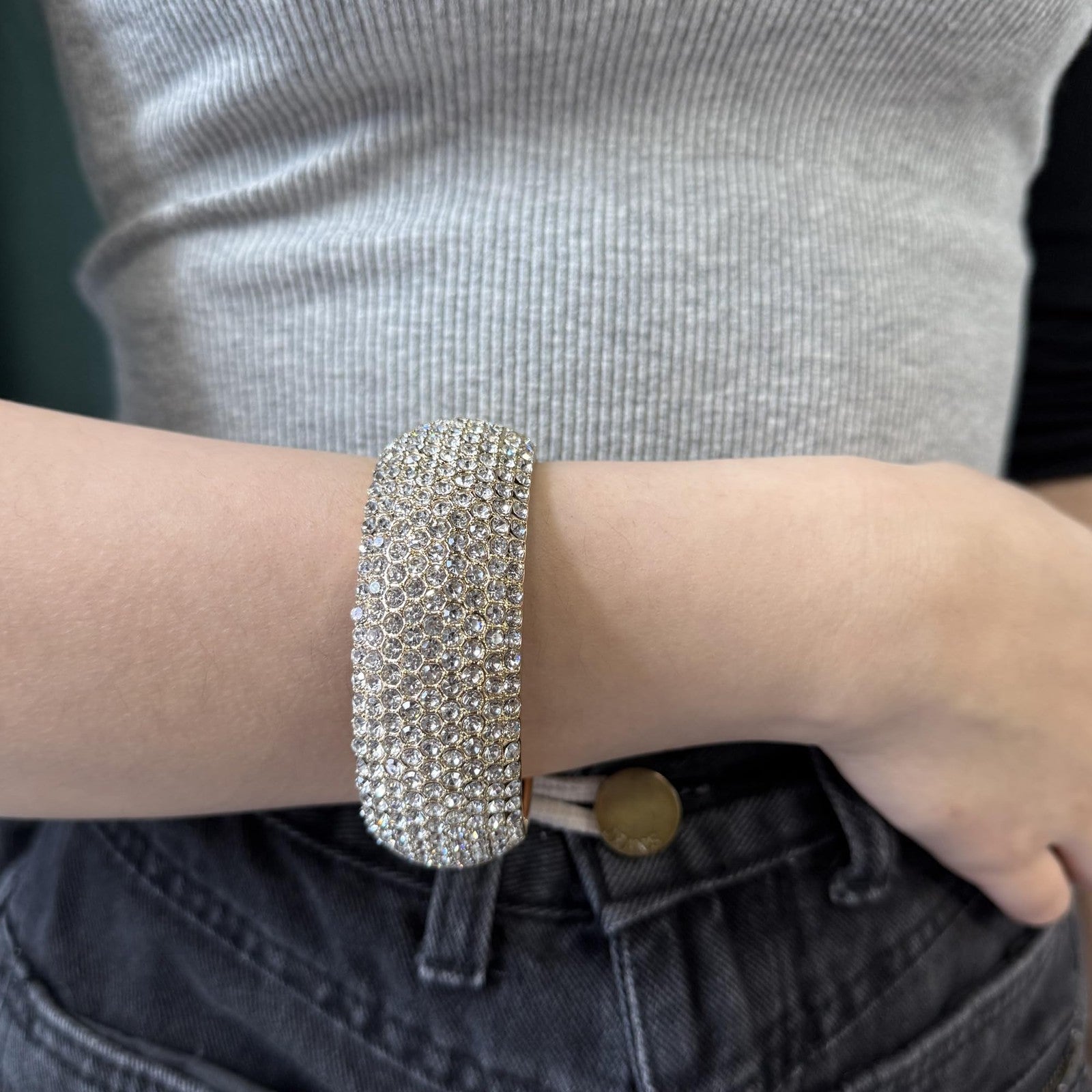 Rhinestone Gold Cuff Bangles for Women - Chunky Bracelet Jewelry