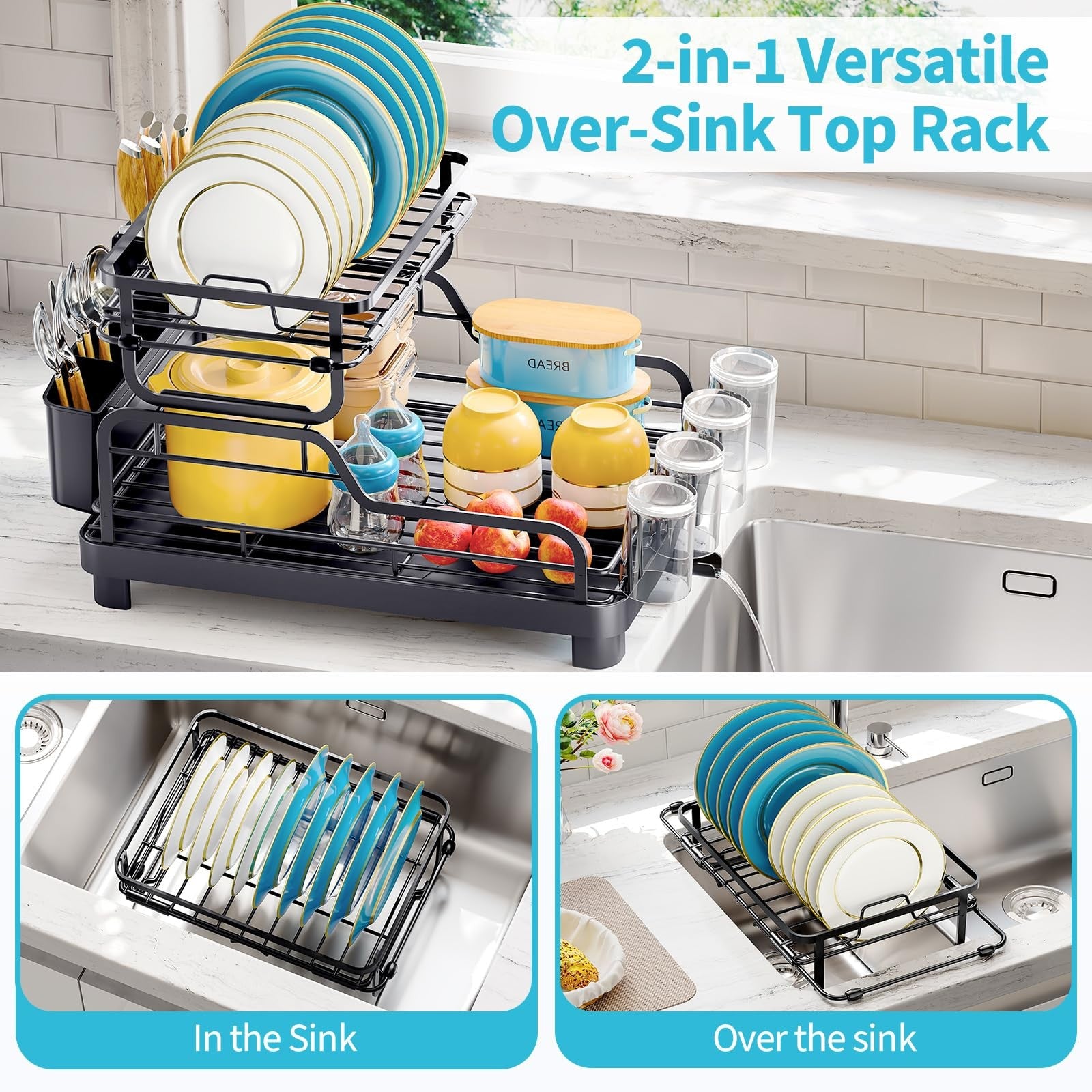 2 Tier Dish Drying Rack, Space Saving, Deep Black, Fits Over Sink