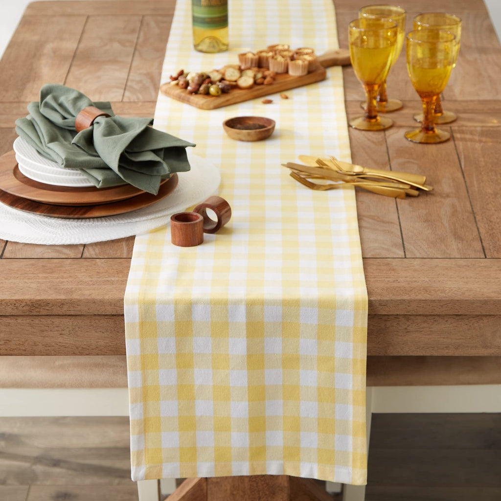 Checkered Table Runner 14x108 in Yellow, 100% Cotton, Machine Washable