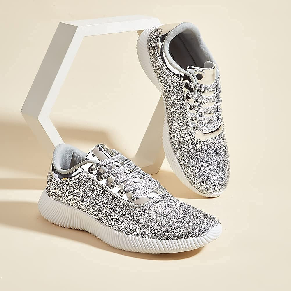 Silver Glitter Tennis Shoes for Women 11B Lightweight Sparkly Style