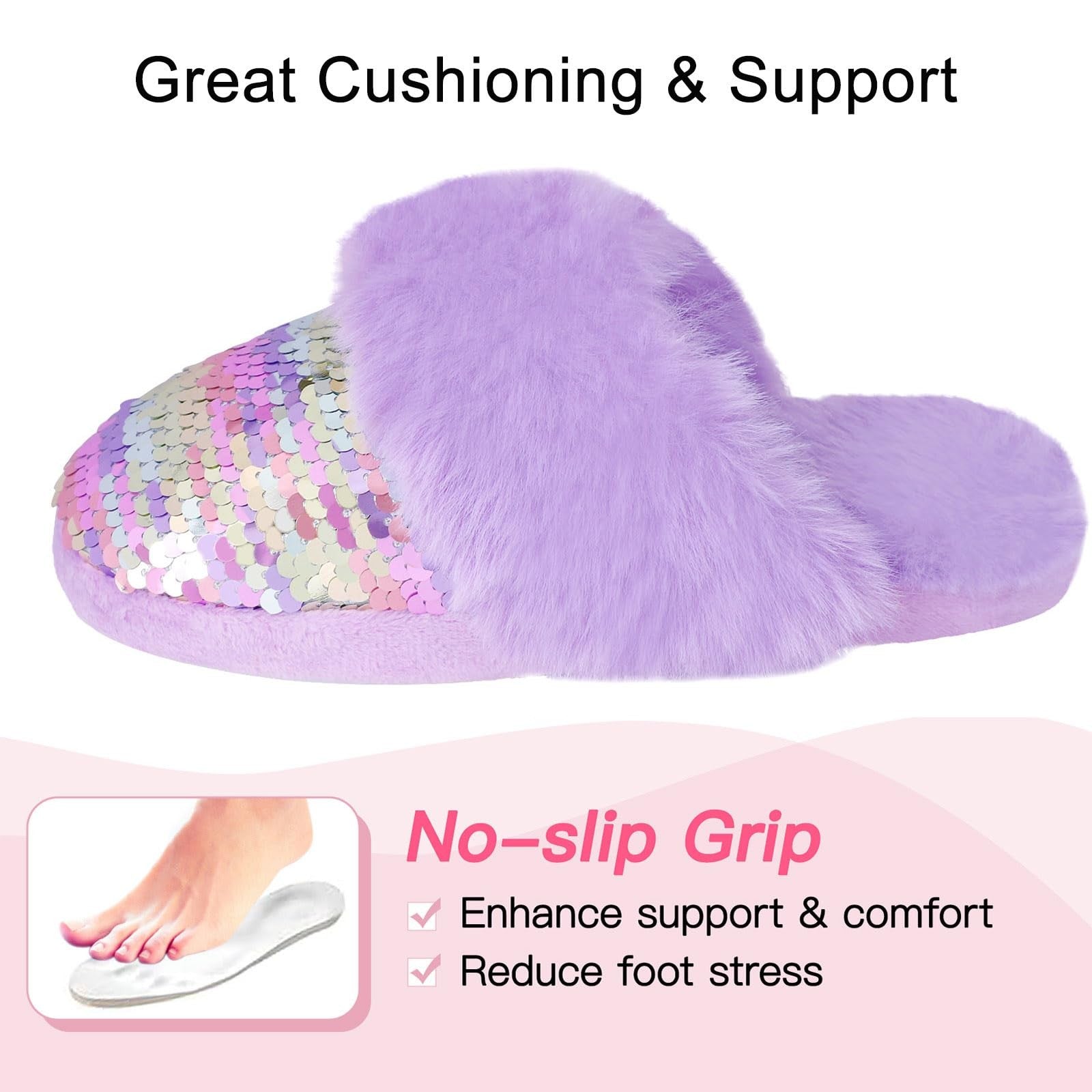 Fuzzy Slip-On Slippers for Girls, Purple Faux Fur, Memory Foam, Size 11-12