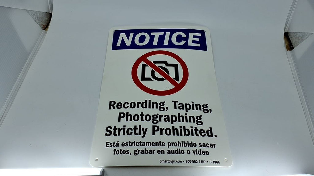 Plastic Notice Sign 10" x 14" - Recording & Photographing Prohibited