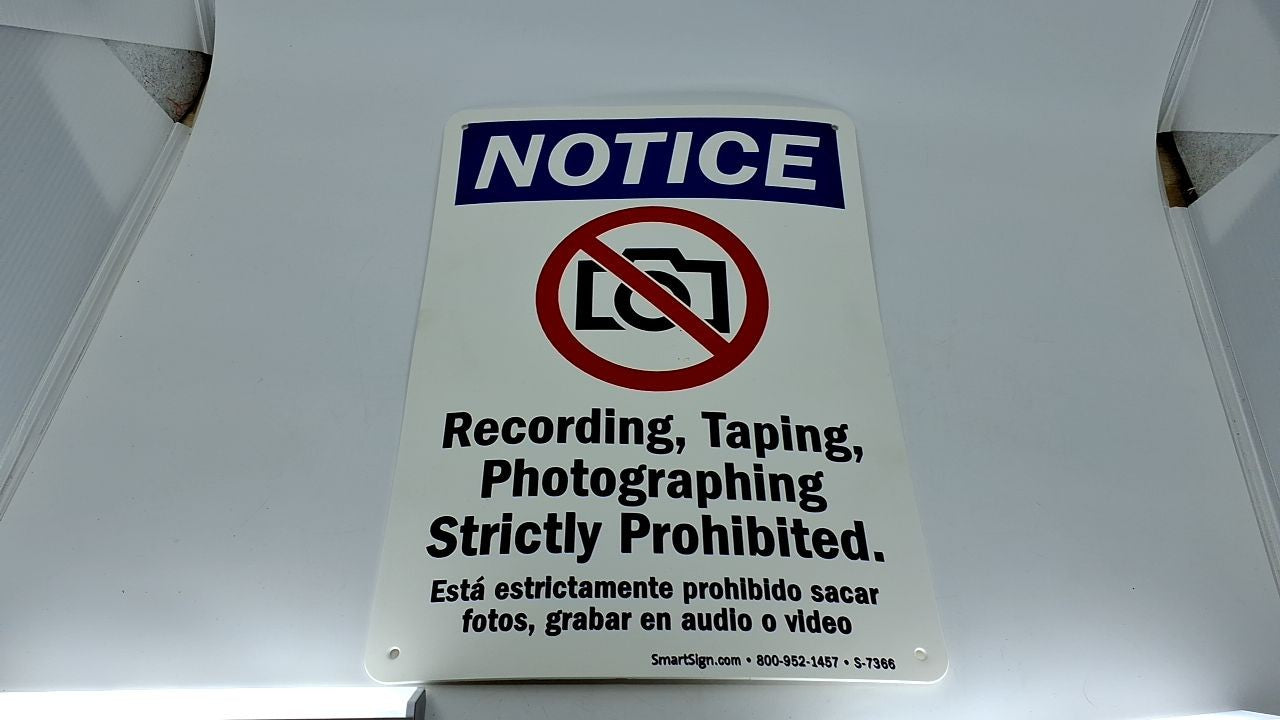 Plastic Notice Sign 10" x 14" - Recording & Photographing Prohibited