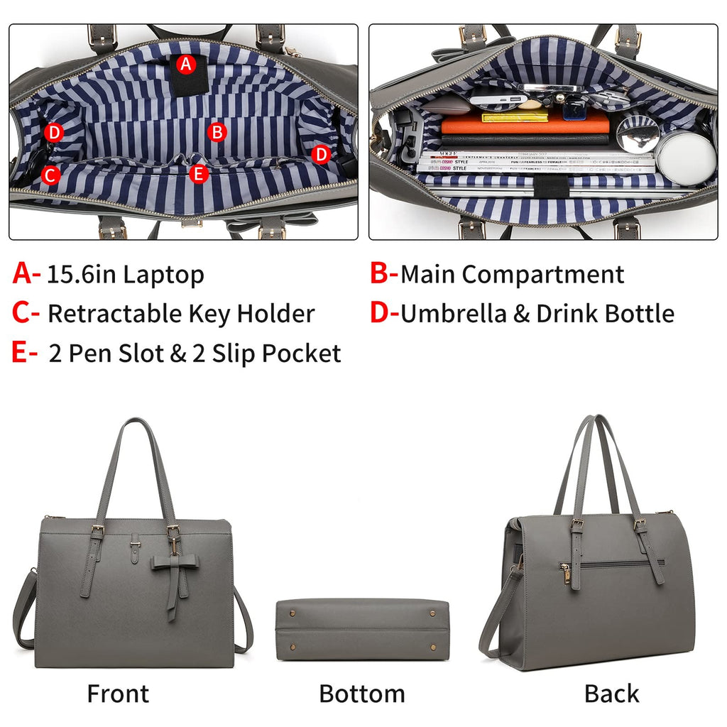 Women’s Gray Leather Laptop Bag, Large Tote w/ USB Port, 4pcs Set