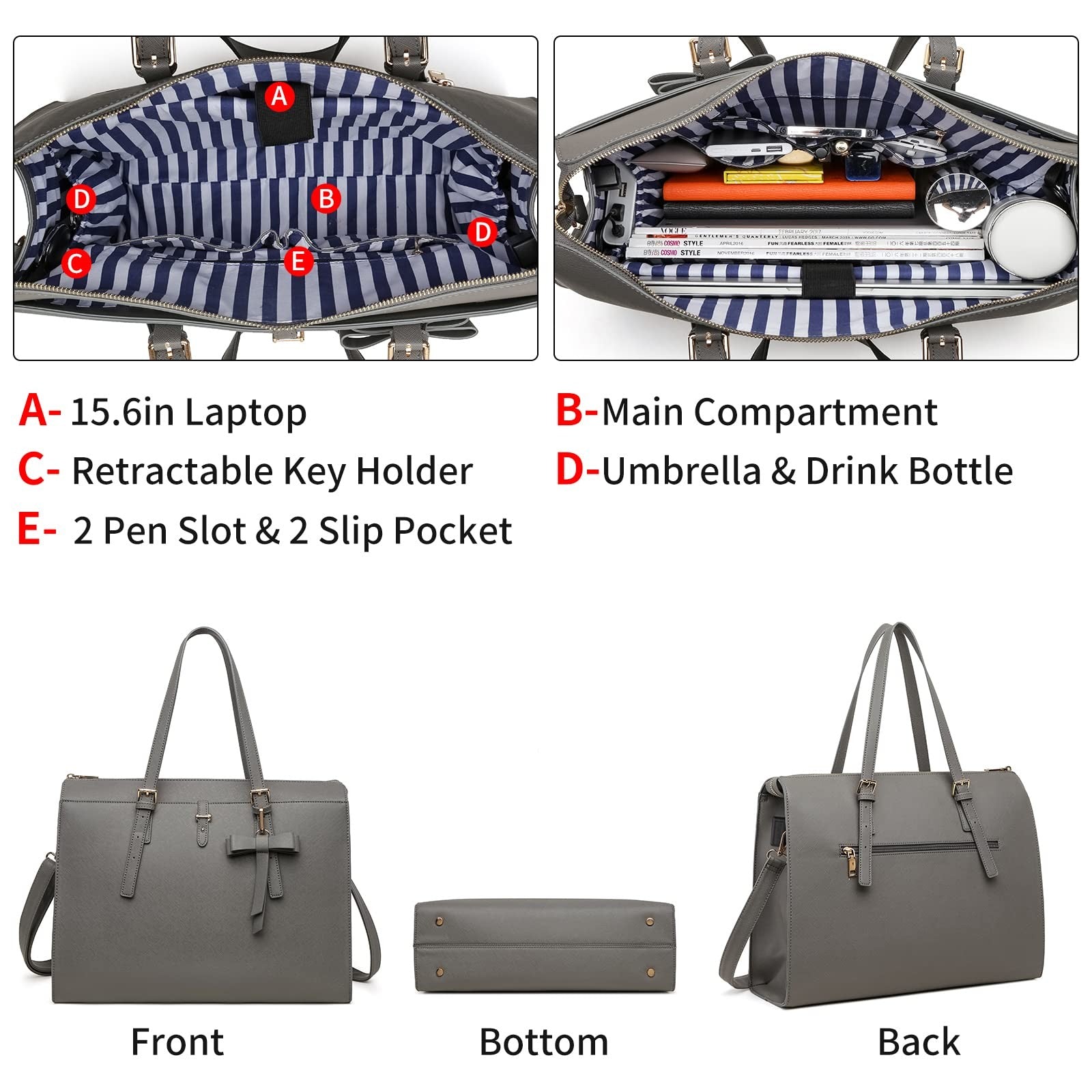 Women’s Gray Leather Laptop Bag, Large Tote w/ USB Port, 4pcs Set