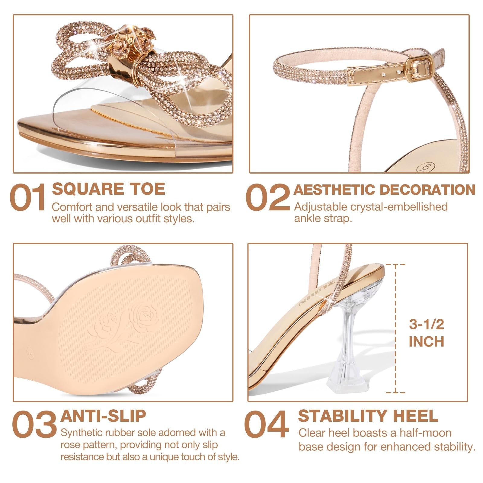 ZURIN Women's Rhinestone Bow Heels 6.5 Champagne Gold Slingback Sandals