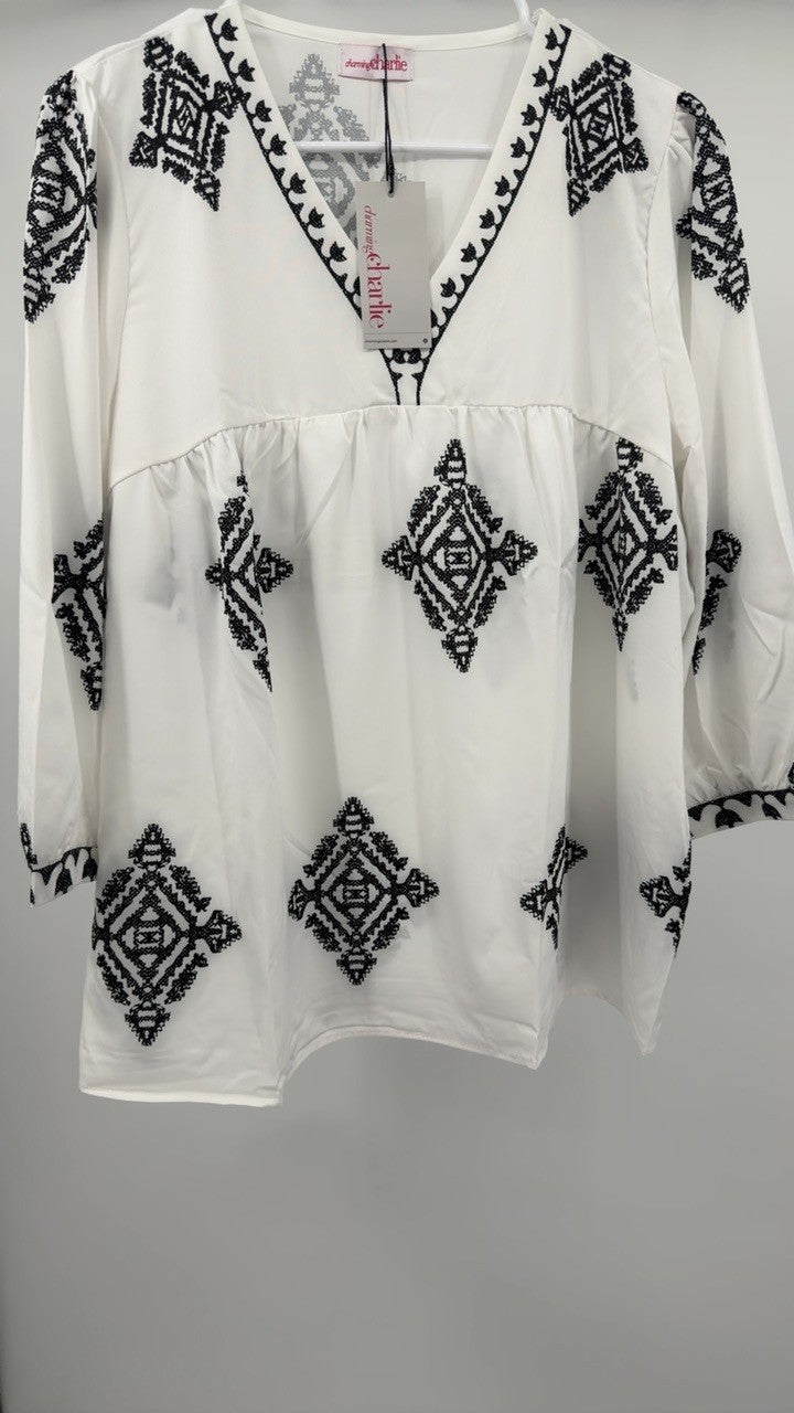 Printed V-Neck Three-Quarter Sleeve Blouse