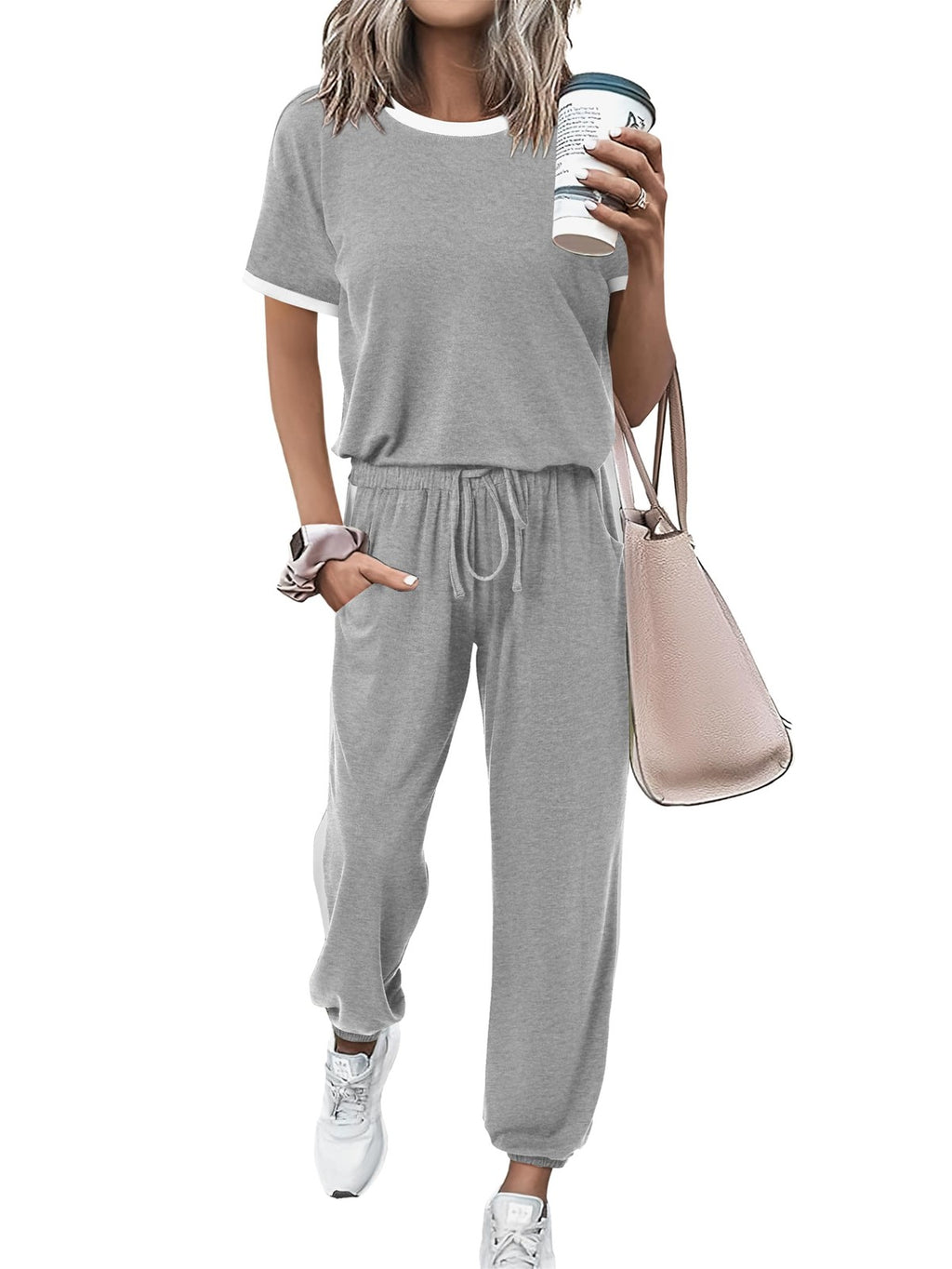 Summer Tracksuit Set for Women Grey Medium Short Sleeve & Jogger Pants