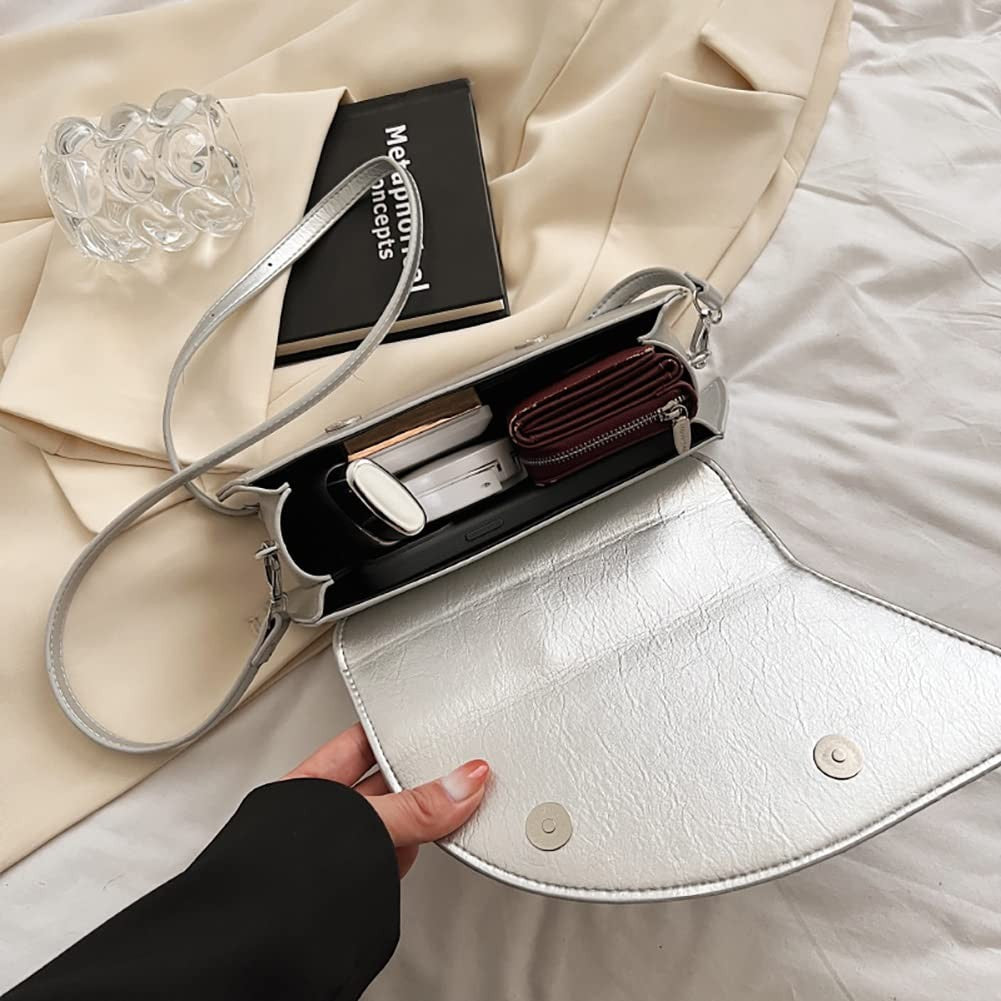 Small Silver Crossbody Handbag Faux Leather Y2K Tote for Women