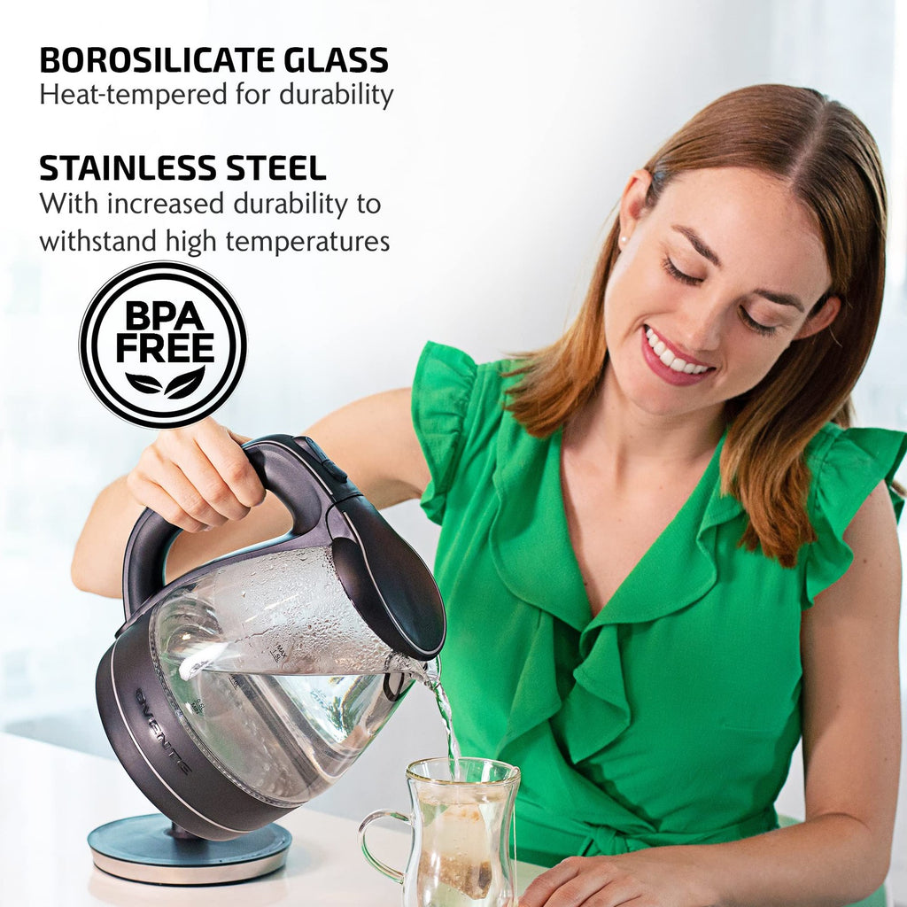 OVENTE 1.5L Glass Electric Kettle Black w/ LED Light & Safety Features