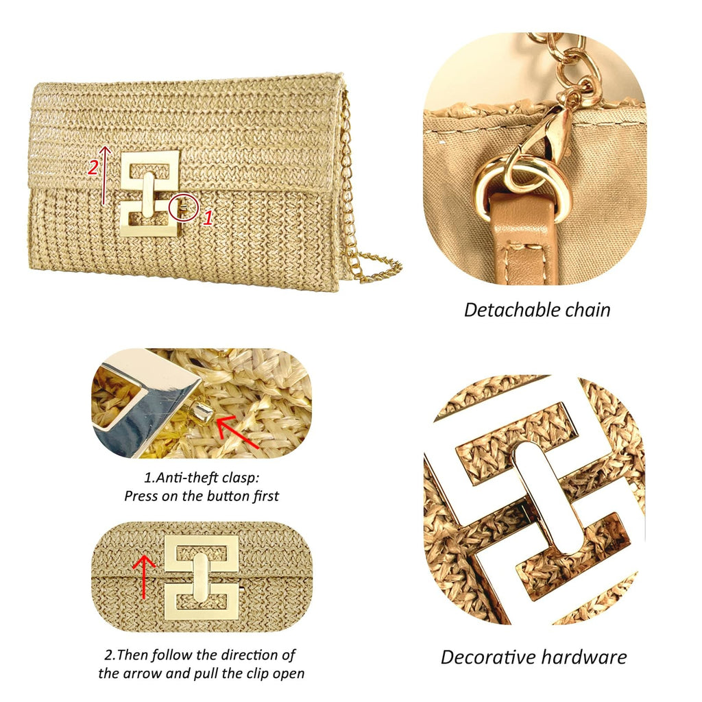 Khaki Straw Clutch Purse 10.2x5.9in Woven Beach Bag w/ Strap