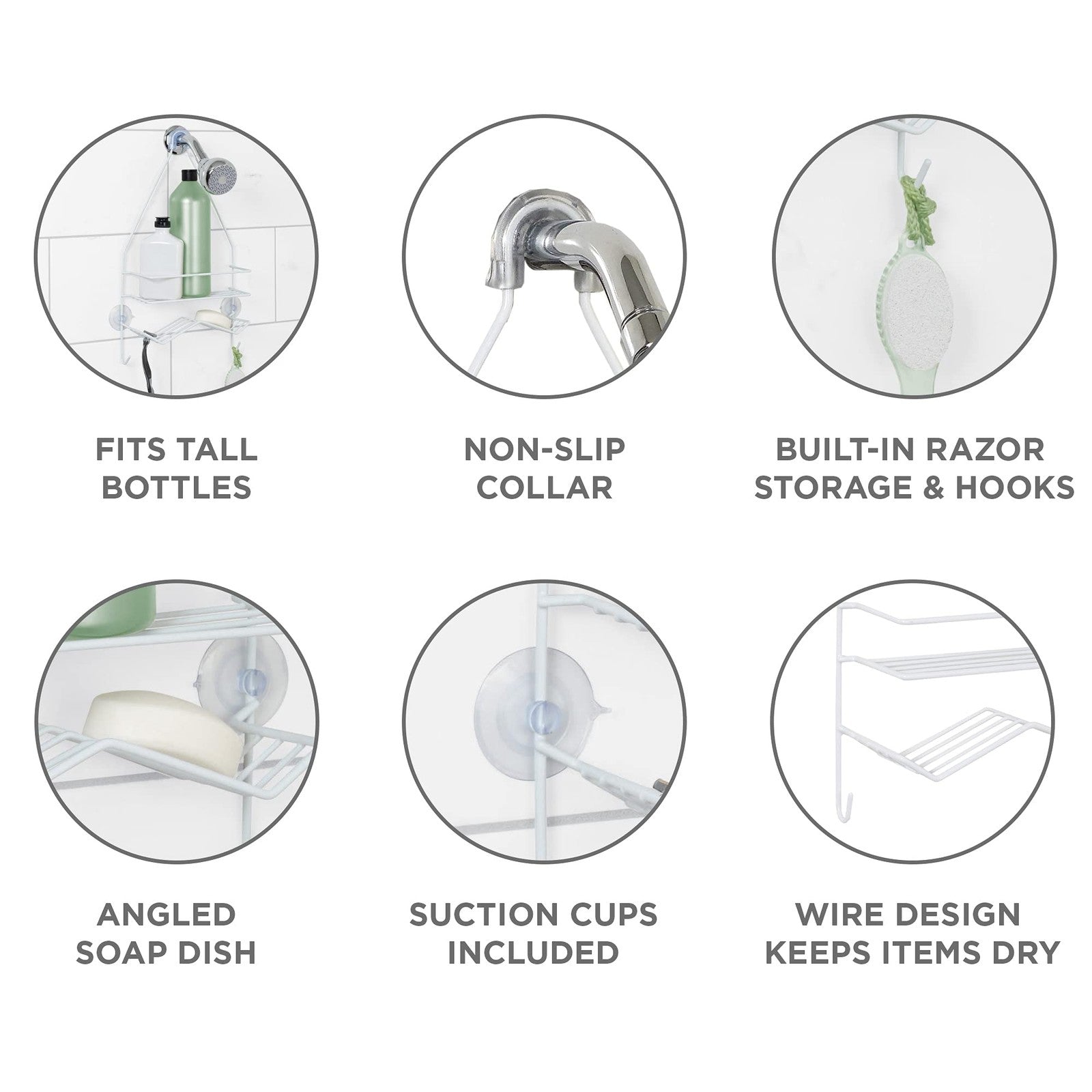 Hanging Shower Caddy Over Head, White Steel, 1 Wide Shelf & Soap Dish