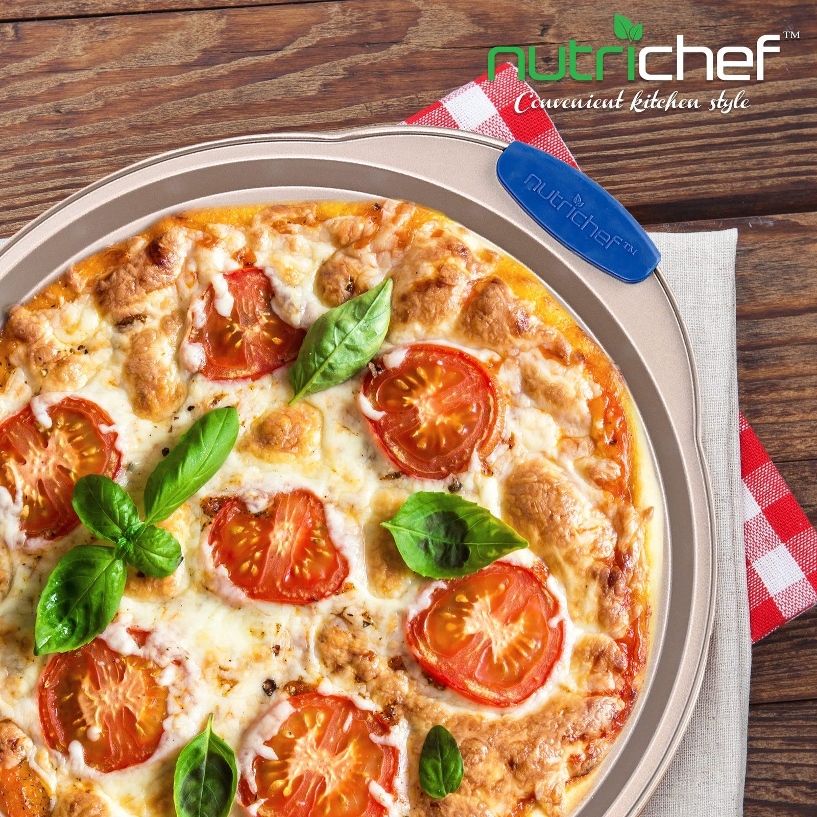 NutriChef 13-Inch Non-Stick Pizza Tray w/ Silicone Handle - Gold