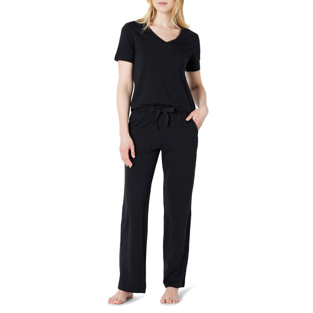 Cotton Blend Women's Sleep Set, Short Sleeve T-Shirt & Pants, Black, M