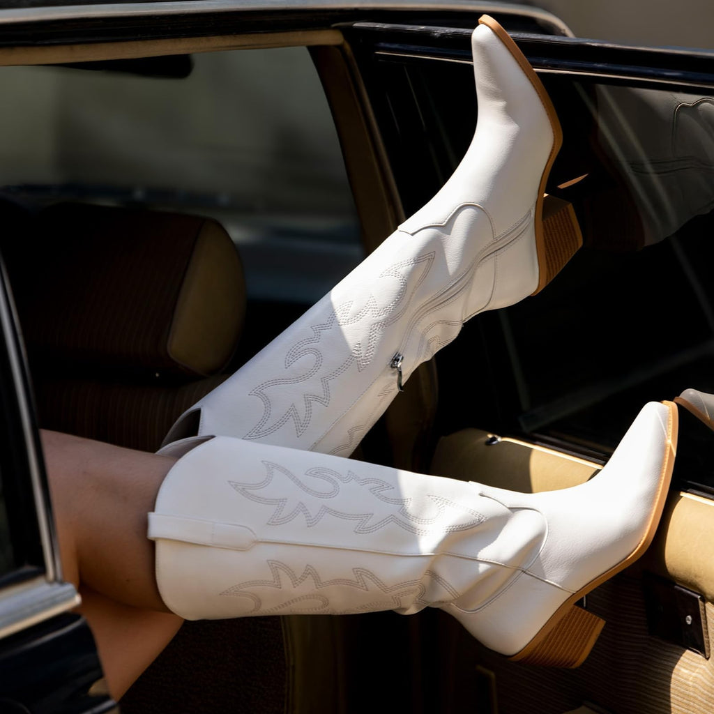 Embroidered White Cowboy Boots for Women, 8 Wide, Chunky Heel, Knee High