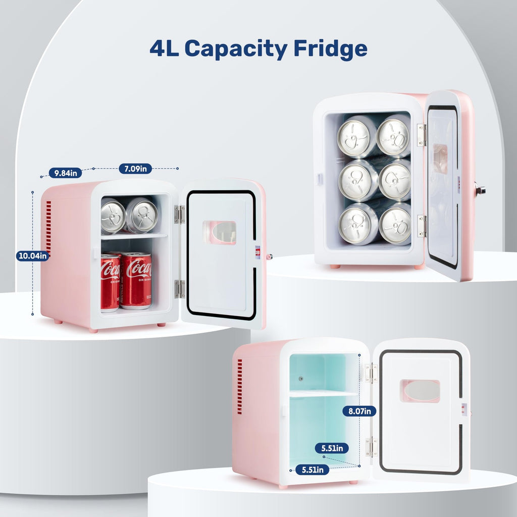 4L Pink Mini Fridge w/ Observation Window, Portable AC/DC Beverage Cooler