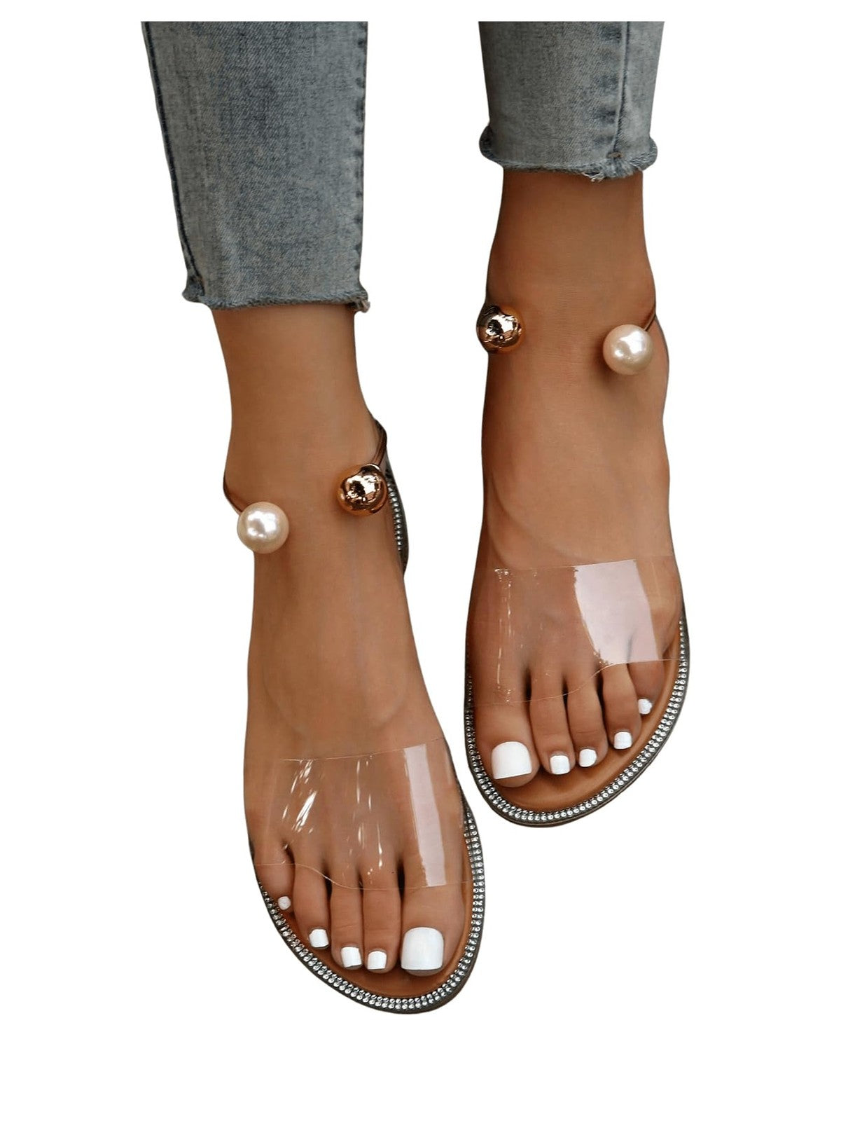 Lightweight Women's Flat Sandals Clear Straps Pearl Decor Apricot 5.5