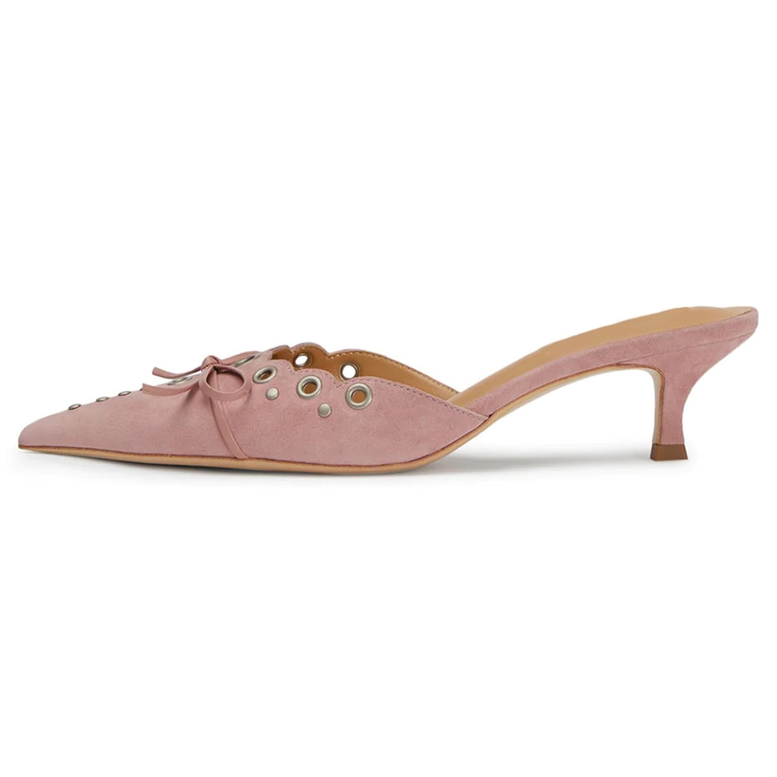 Olomisa Womens Pink Suede Kitten Heels w/ Bow & Studded Design Size 9