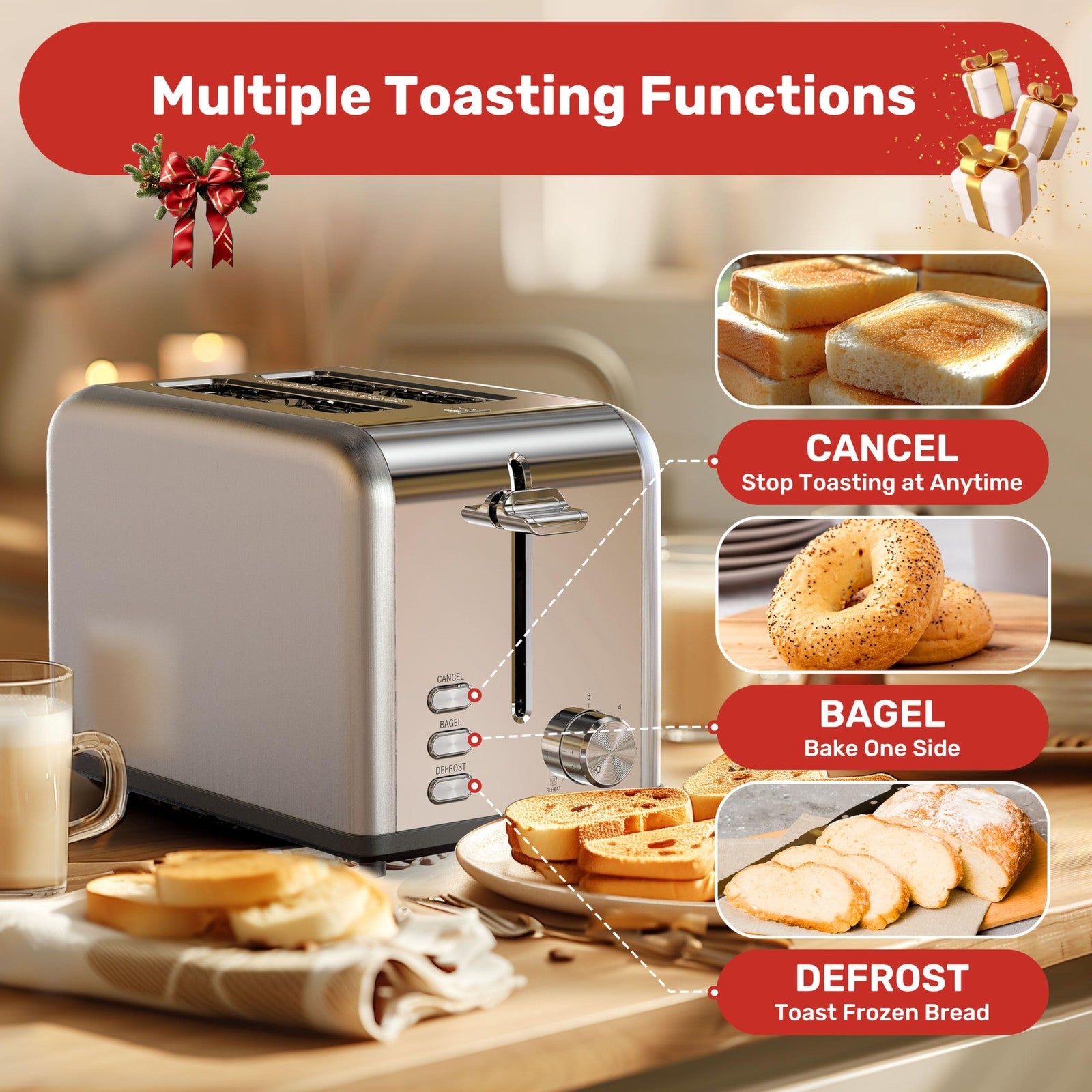 YSSOA 2-Slice Stainless Steel Toaster, 6 Shade, Bagel & Defrost Functions
