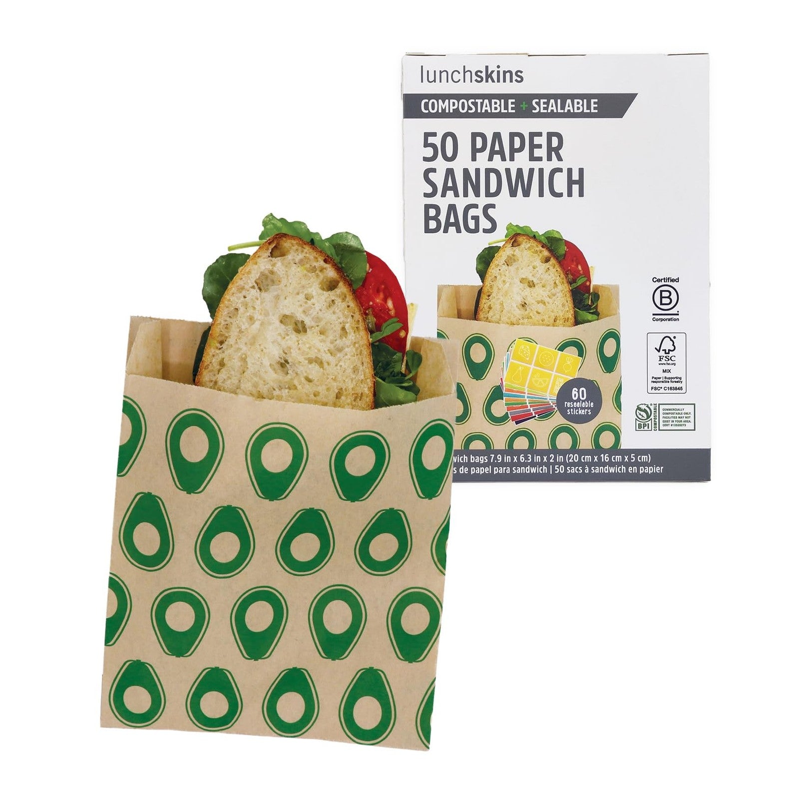 50 Count Compostable Sandwich Bags - Avocado Design, Eco-Friendly
