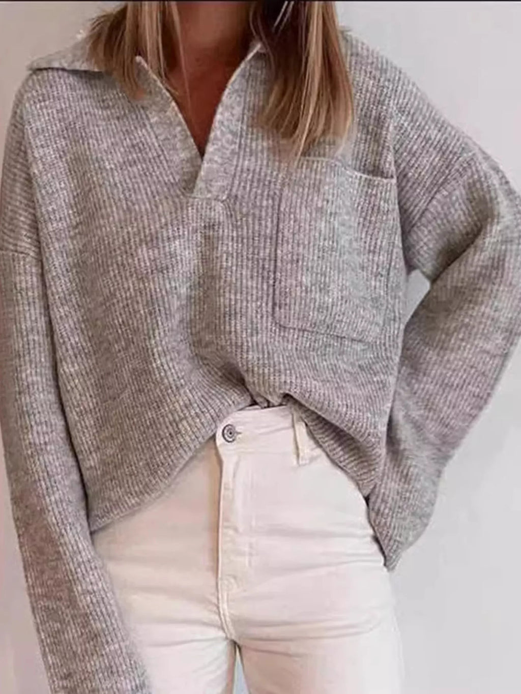 Full Size Johnny Collar Dropped Shoulder Sweater Plus Size