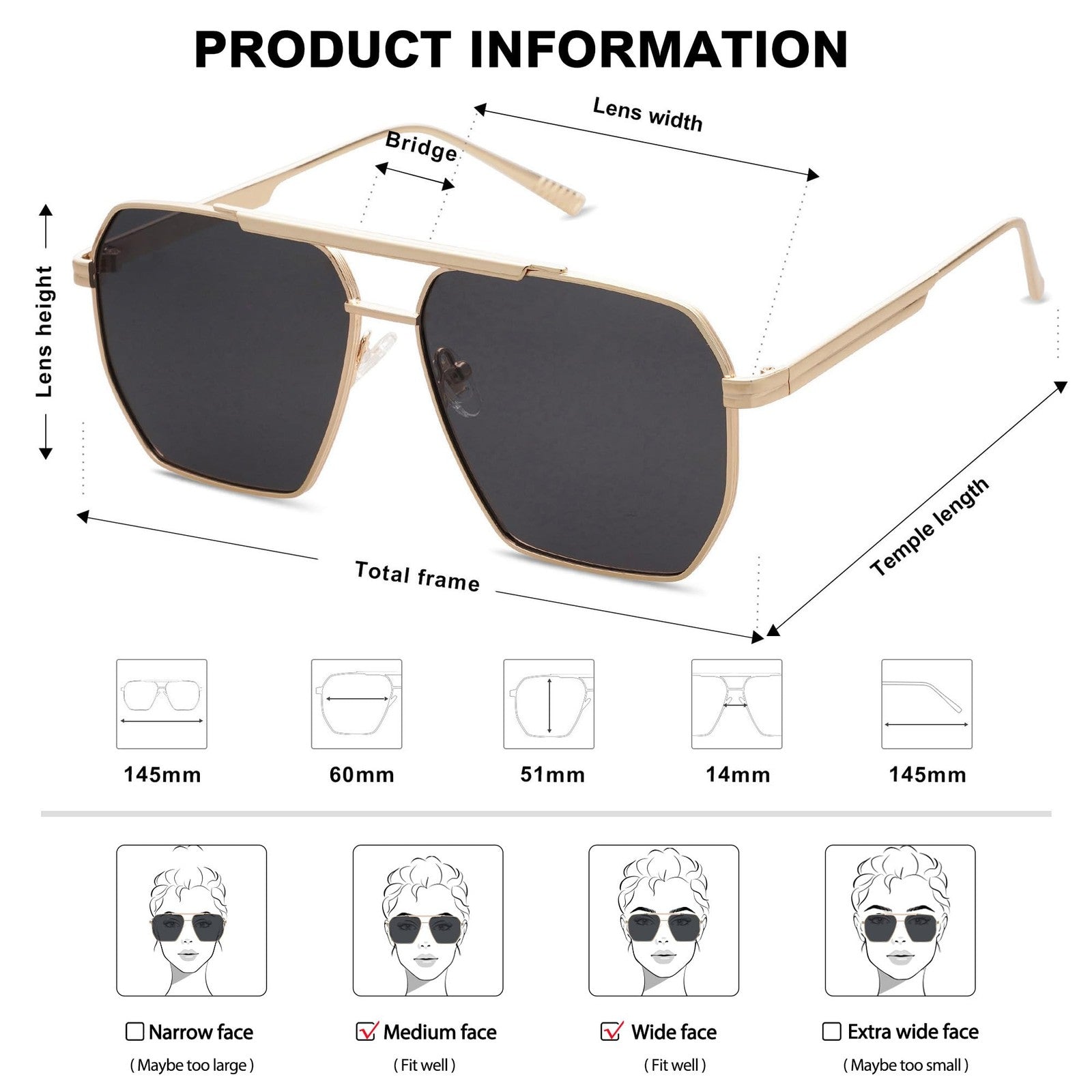 SOJOS Retro Oversized Square Polarized Sunglasses Gold/Black 60mm
