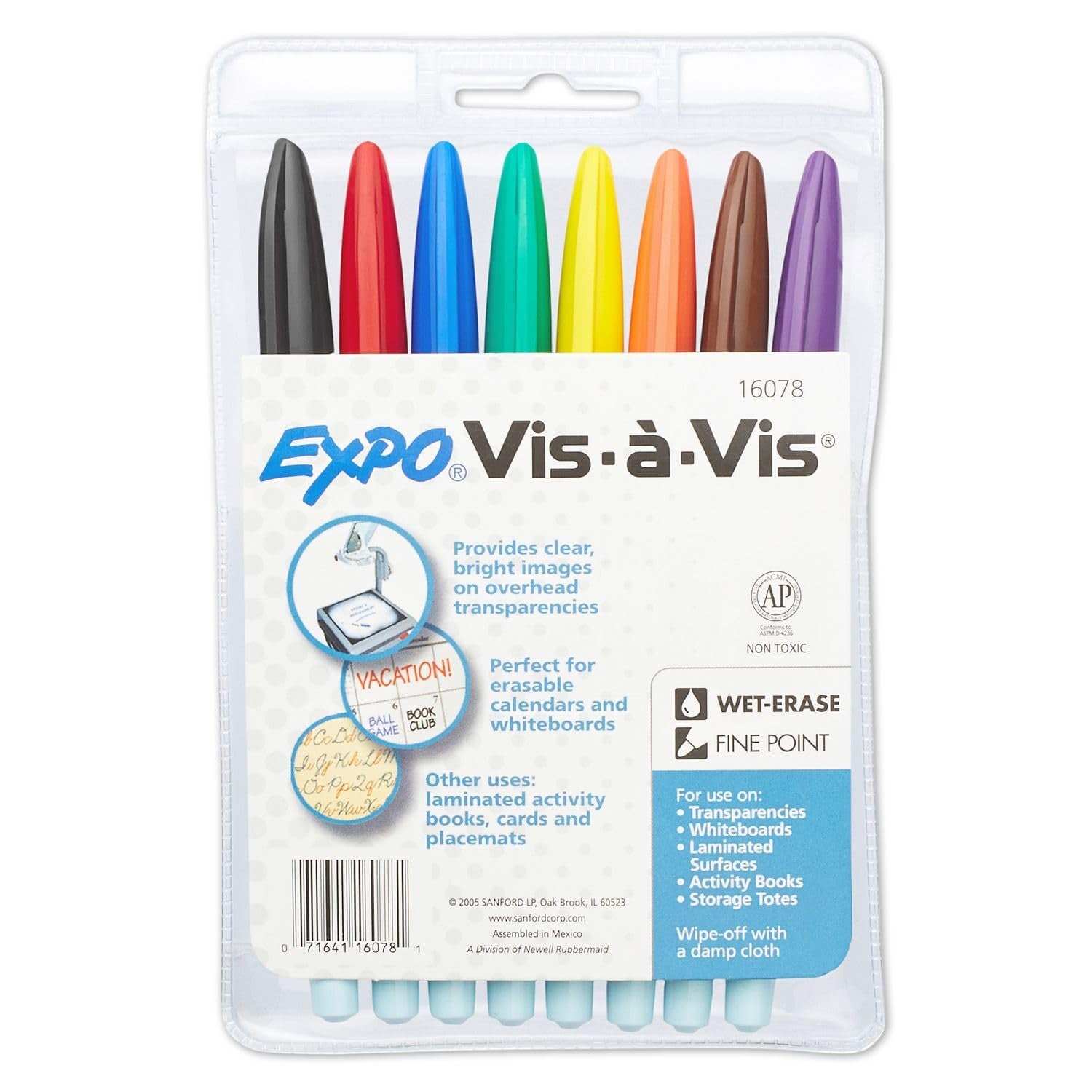 EXPO Vis-a-Vis Wet Erase Marker Set, Fine Tip, Assorted Colors, 8 Count
