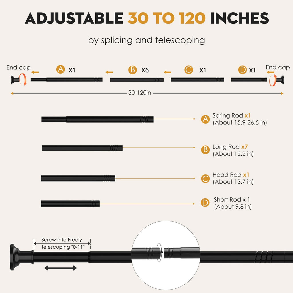 30-120 In Black Stainless Steel Tension Shower Curtain Rod No Drill