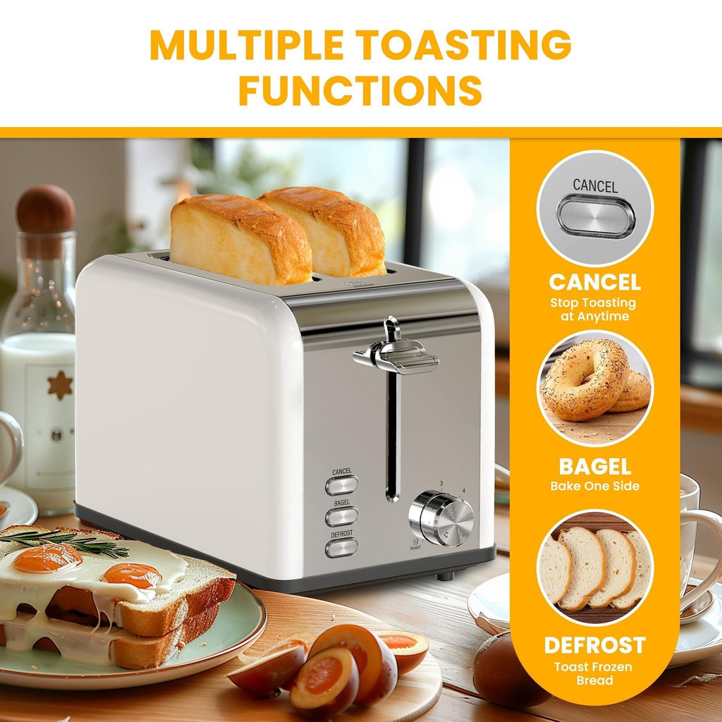 Extra Wide Slot 2-Slice Toaster, 6 Settings, White Stainless Steel