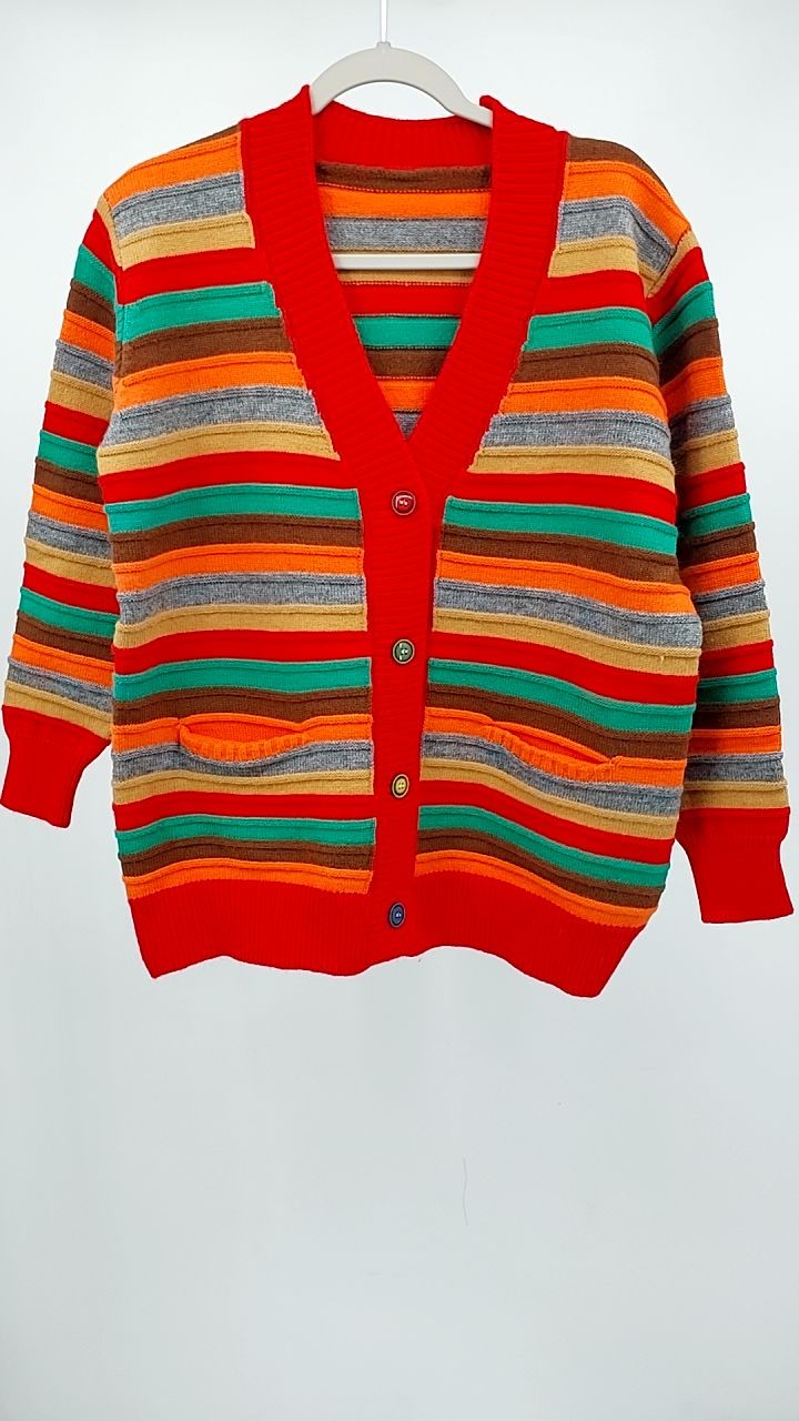 Contrast Stripes Button Up Long Sleeve Cardigan