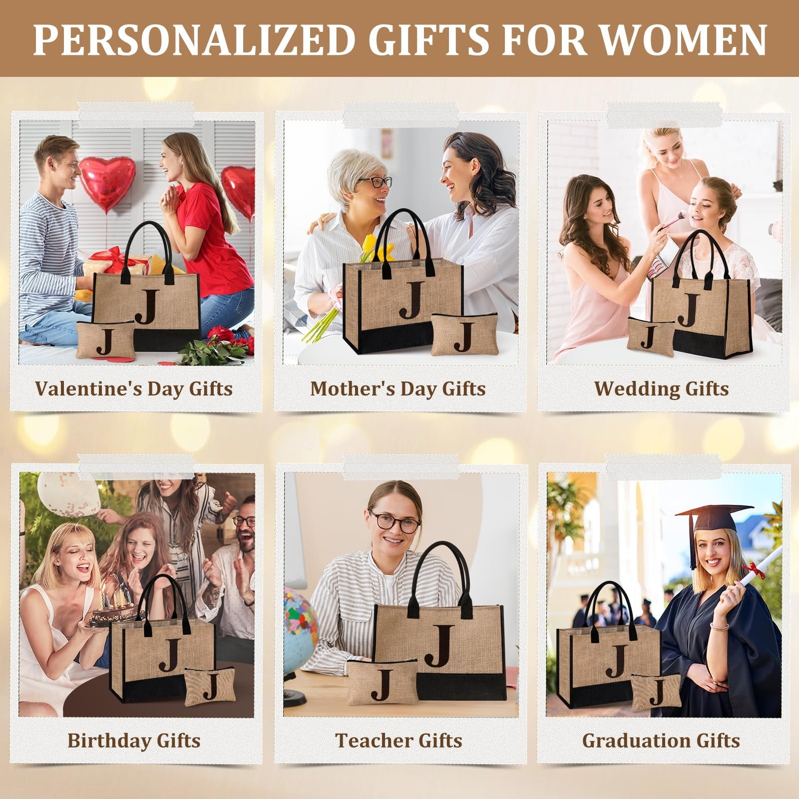 Personalized Jute Tote Bag & Makeup Bag, Stylish Gift for Women