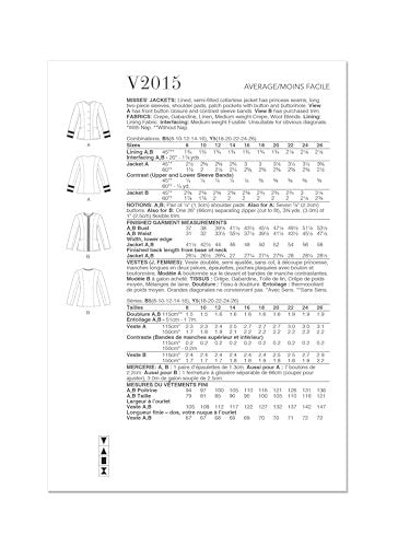 Vogue V2015 Semi-Fitted Jacket Sewing Pattern Sizes 18-26 Multicolor