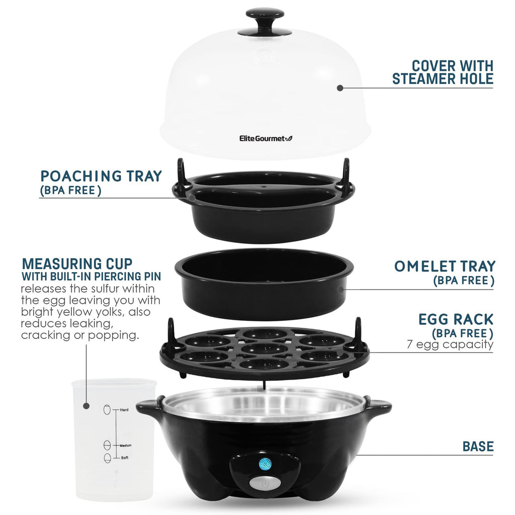 Elite Gourmet Egg Cooker, 7 Capacity, Soft/Medium/Hard Boiled, Black
