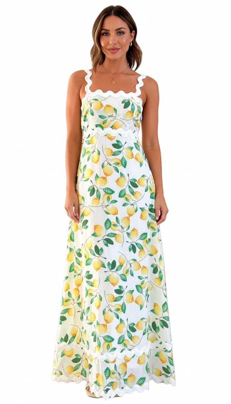 LunaJany Women's Midi Dress Lemon Print Sleeveless Casual M