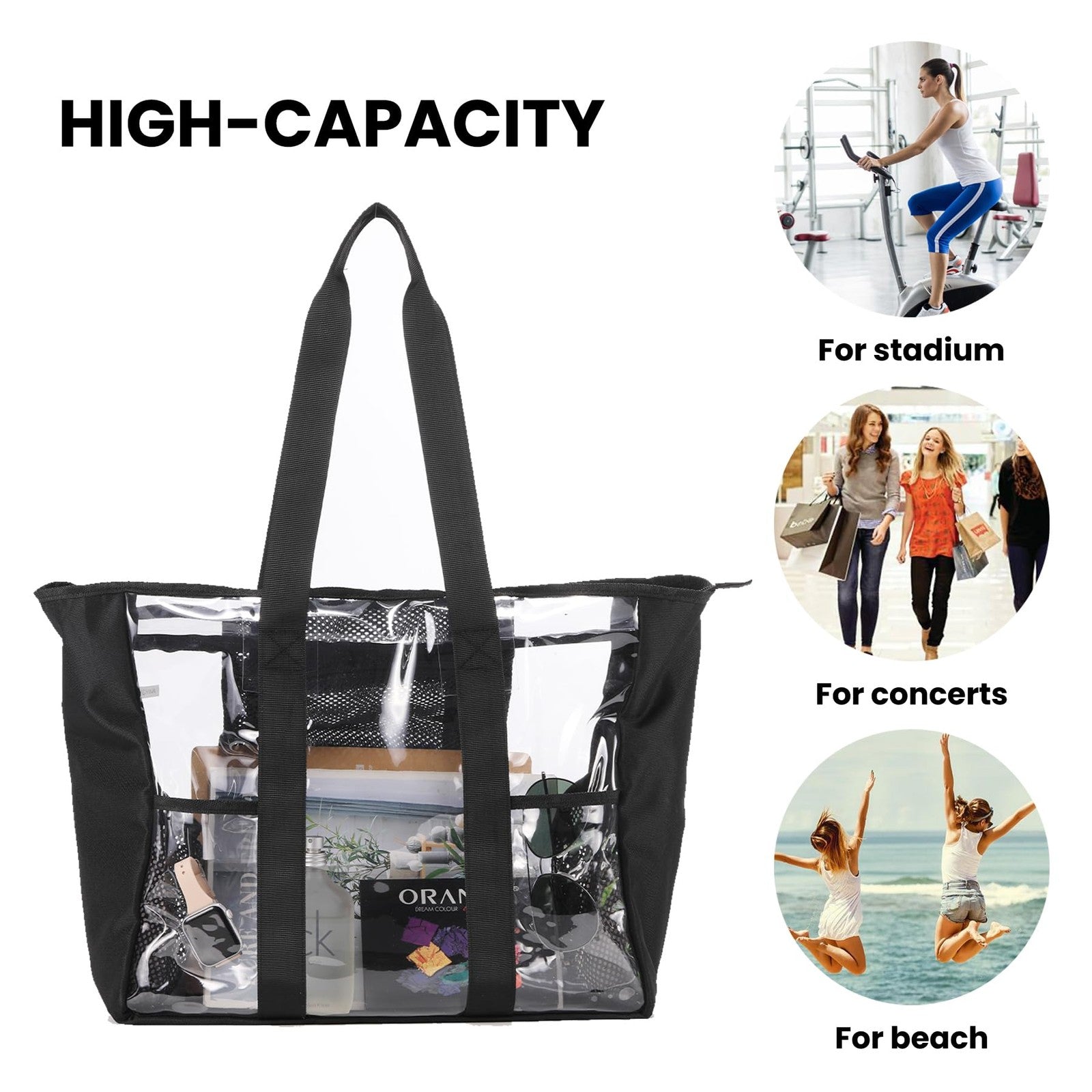 BORMELUN XL Clear Tote Bag 20in Heavy Duty Stadium Handbag Black
