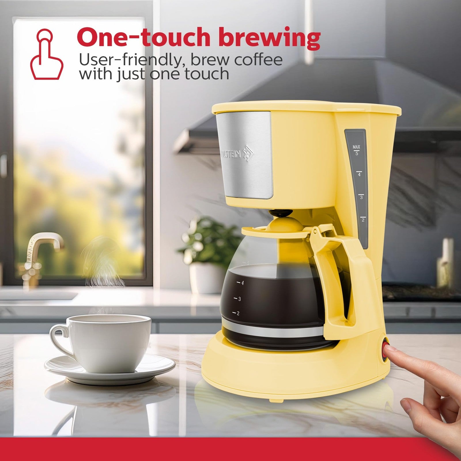 5 Cup Drip Coffee Maker, Yellow, Compact Design w/ Auto Pause & Serve