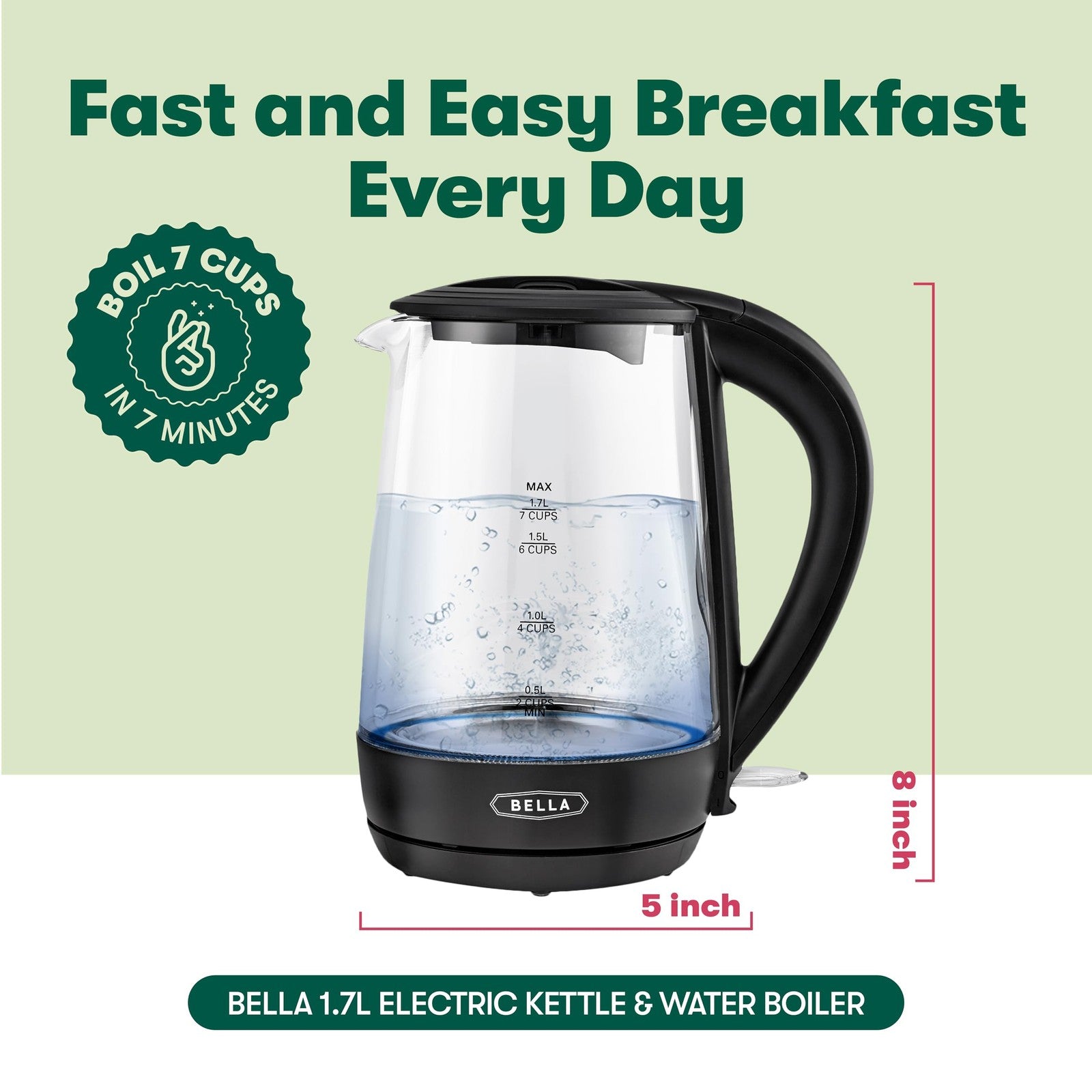 BELLA 1.7L Glass Electric Kettle, Black, 1500W, Auto Shut-Off