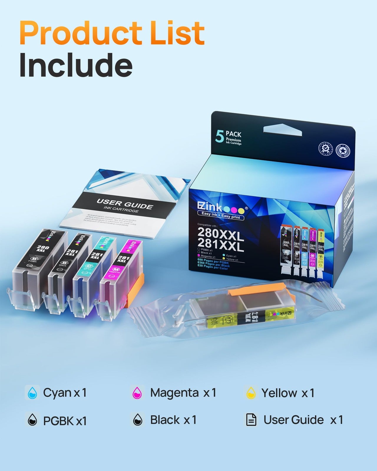 E-Z Ink 5 Pack Compatible Ink Cartridges for Canon PGI-280XXL CLI-281XXL