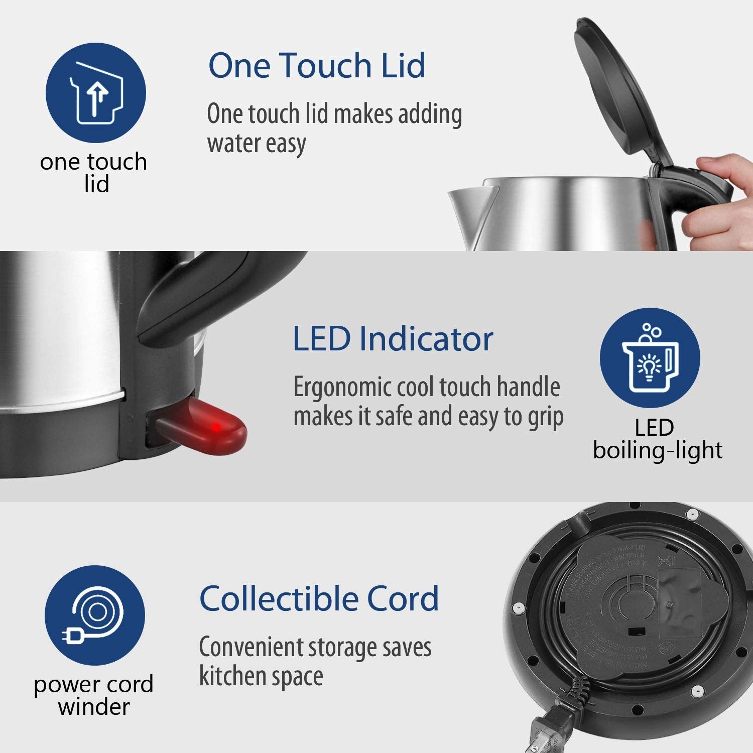 COMFEE' 1.7L Electric Tea Kettle, Stainless Steel, Fast Boil, Auto Shut-Off