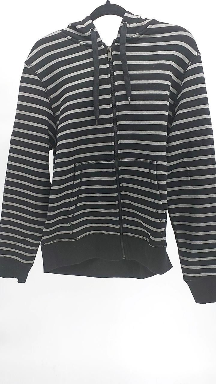 Medium Men's Fleece Hoodie, Black Grey Stripe, Full-Zip Style
