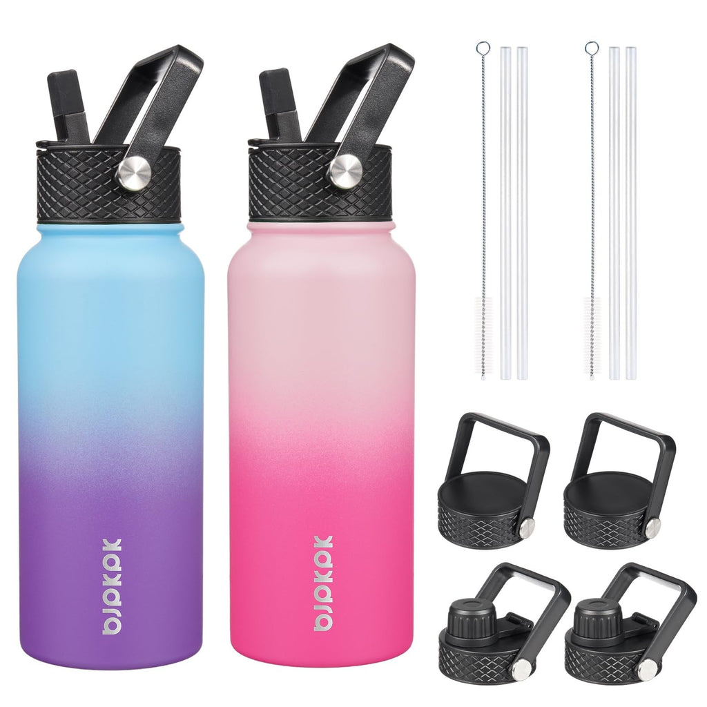 2 Pack 32oz Insulated Water Bottles w/ Straw Lids - Cherry & Ocean Dream