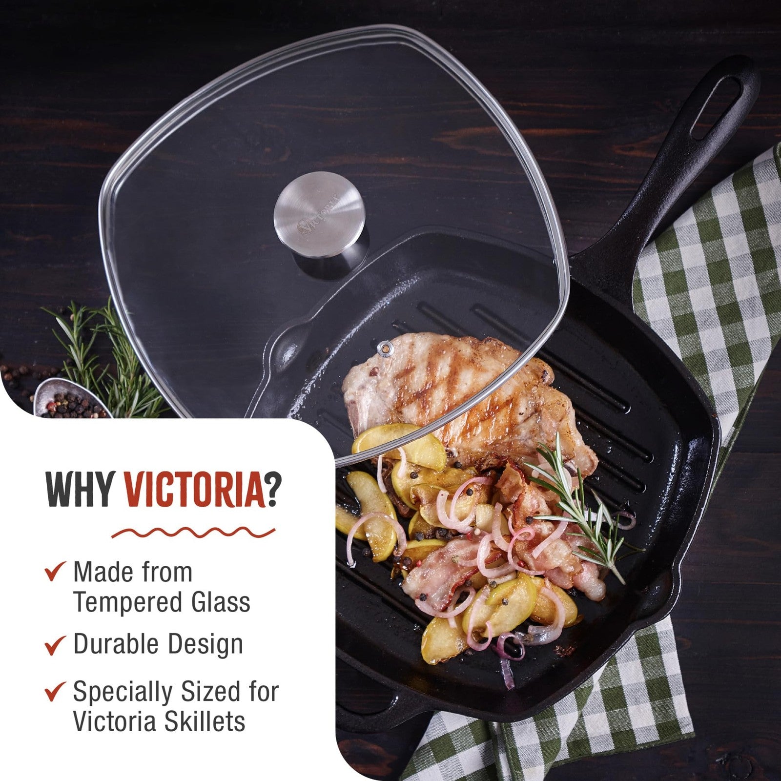 10-Inch Square Skillet Glass Lid, Fits Victoria 9.7-Inch Diameter