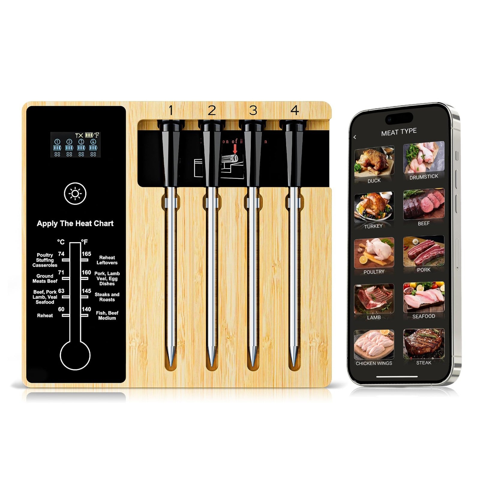 Smart Meat Thermometer 4 Probes Wireless BBQ Grill Thermometer