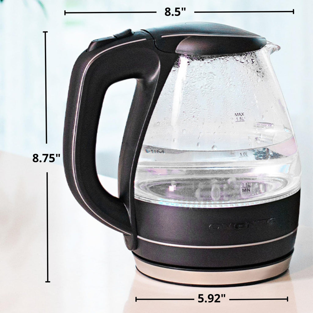 OVENTE 1.5L Glass Electric Kettle Black w/ LED Light & Safety Features