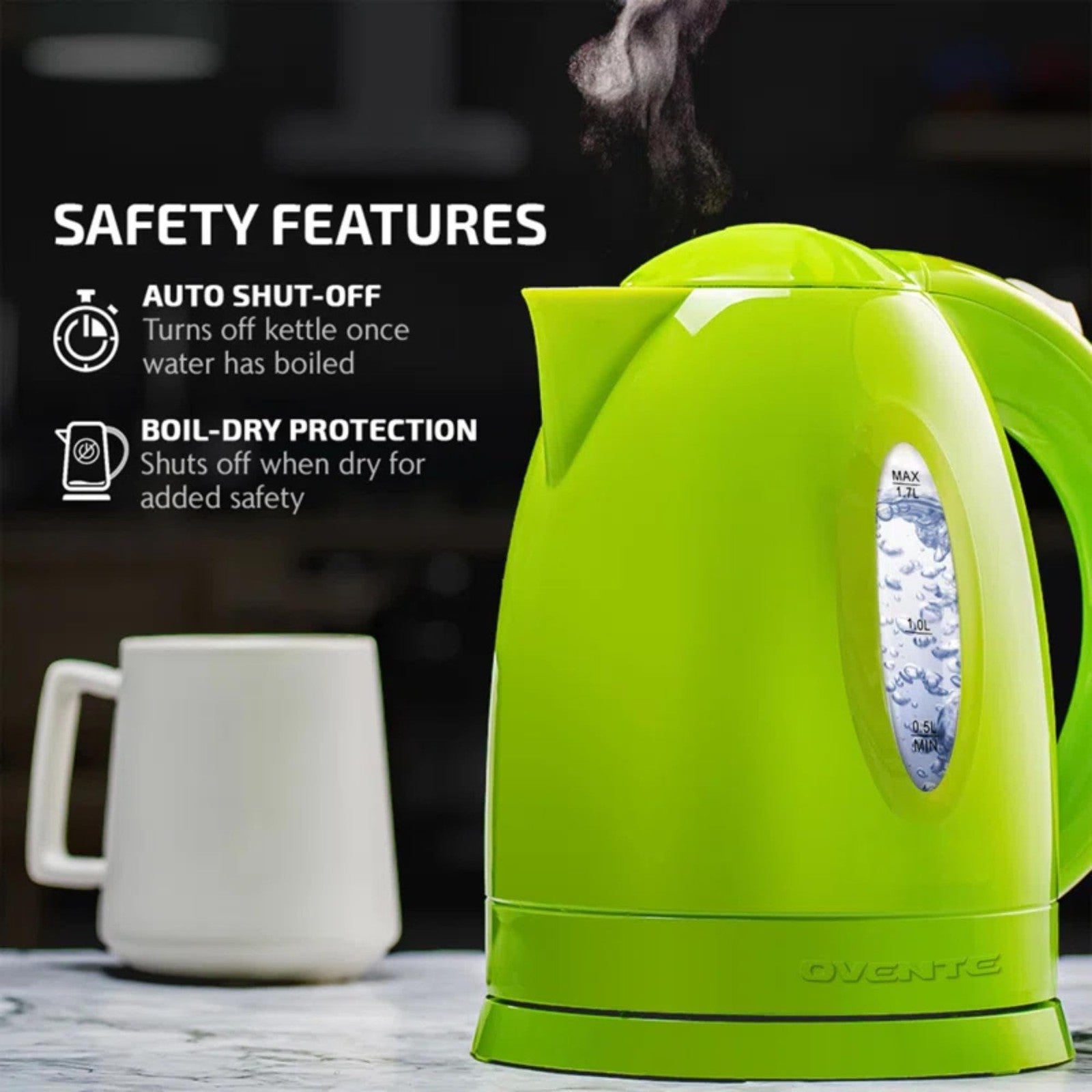1.7L OVENTE Electric Kettle, Auto Shut-Off, Boil-Dry Protection, Green