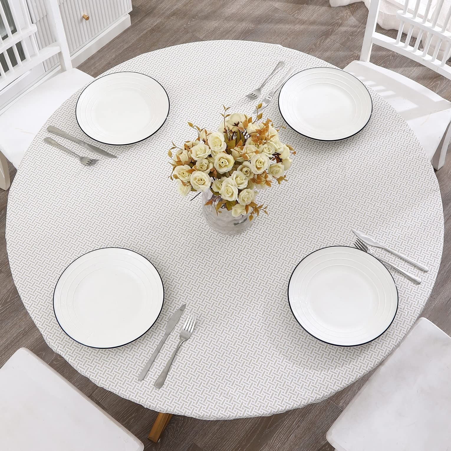 Round Vinyl Fitted Tablecloth 32-36 In, Elastic Edge, Weave Design