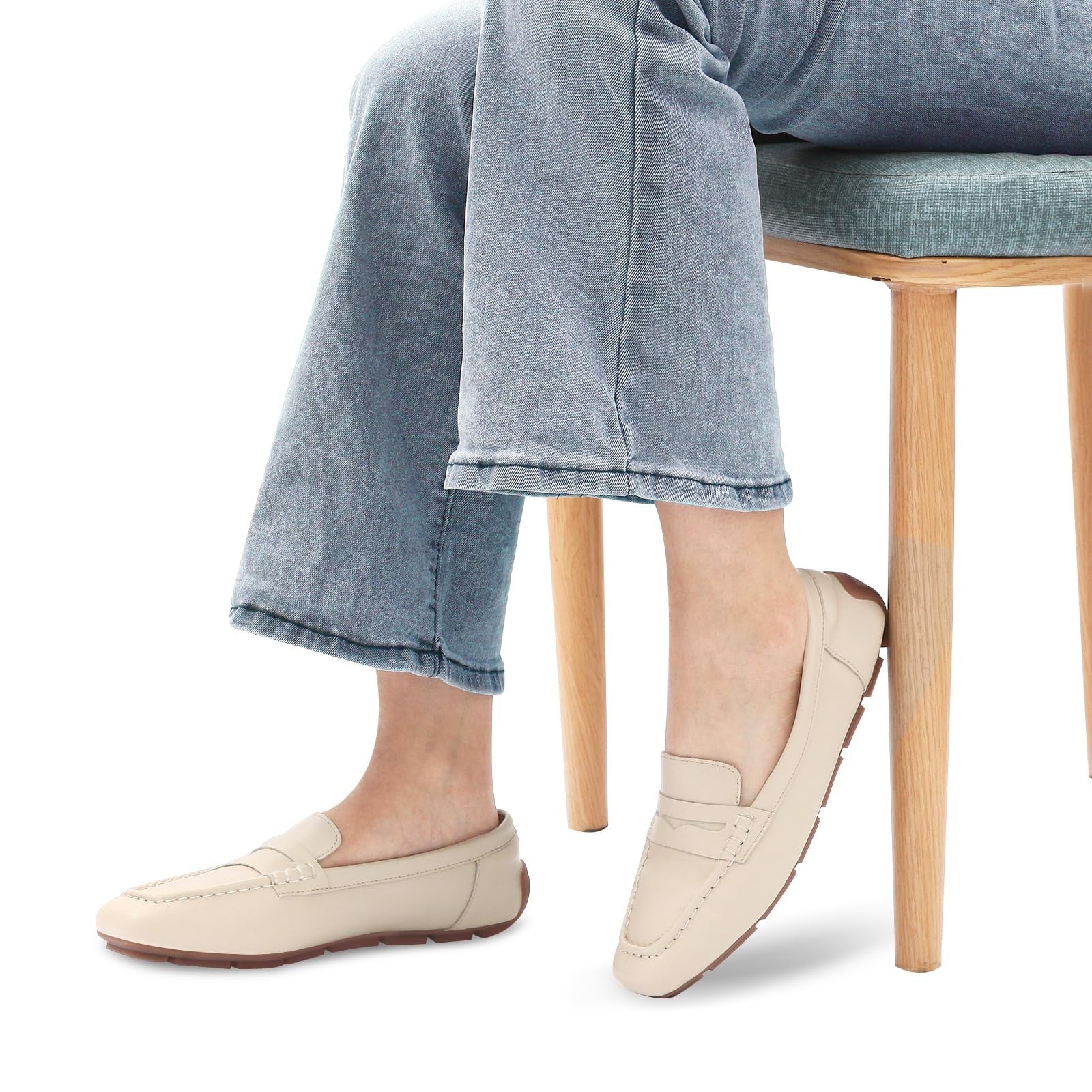 Comfortable Women's Beige Loafers, Slip On, Square Toe, Lightweight